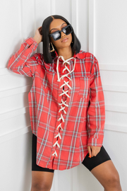 UNTIE ME LACE UP FRONT FLANNEL SHIRT | RED