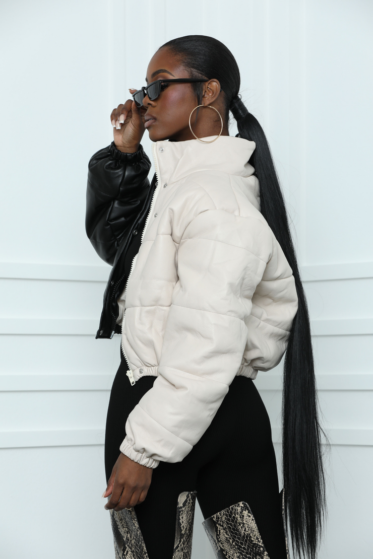 DAY & NIGHT CROPPED FAUX LEATHER PUFFER JACKET